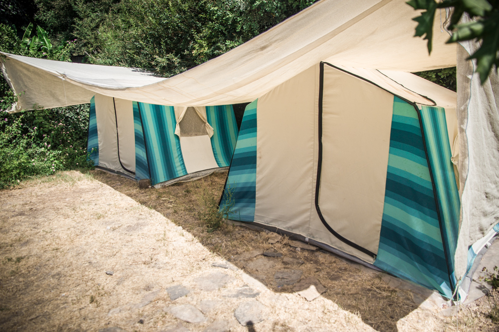 Sultan Camp's tent accommodation - Sea blue and white apartment tents between the bushes.