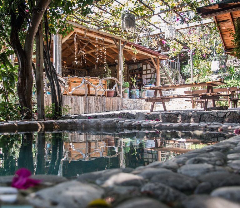 A small pond in the center of the dining area, lots of greenery and a natural feel.