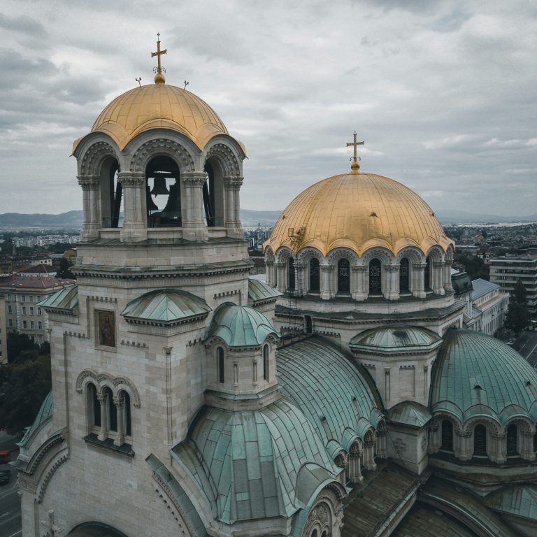 Alexander Nevsky cathedral's domes in Sofia, Bulgaria, shot from a drone