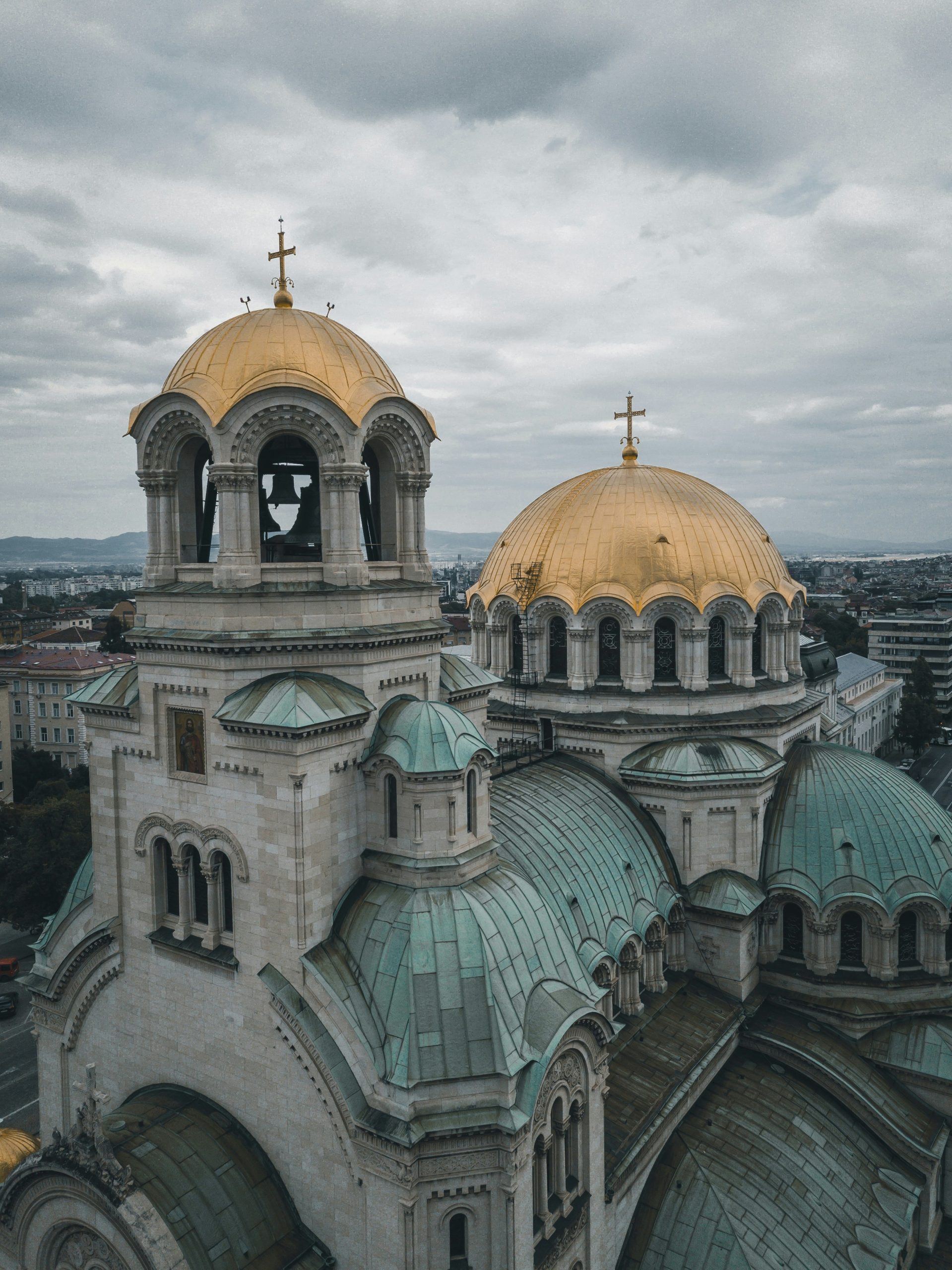 Alexander Nevsky cathedral's domes in Sofia, Bulgaria, shot from a drone